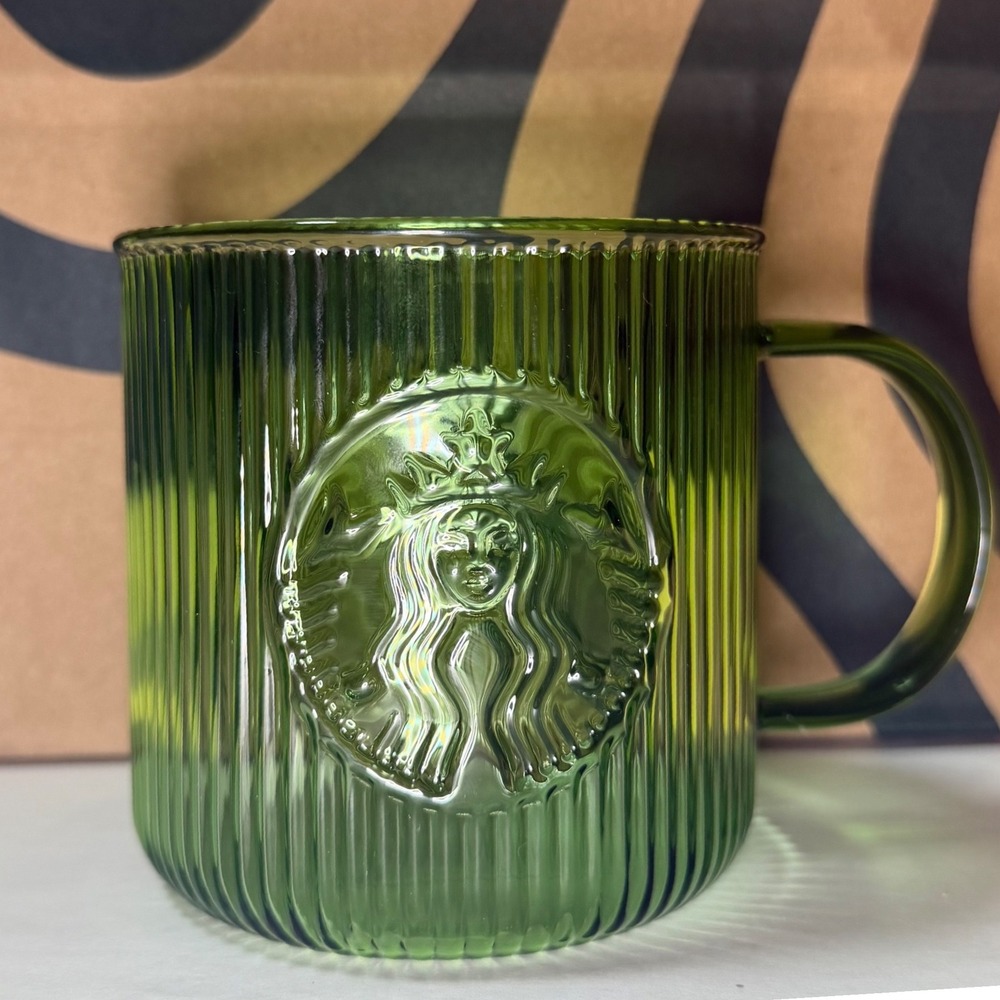 Starbucks Green Glass Ribbed Mug 14oz Embossed Siren Logo New